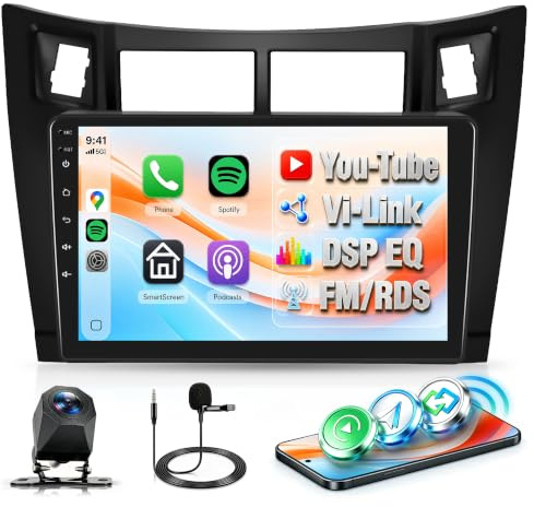 Rimoody Autoradio per Toyota Yaris 2005-2011 Senza Fili Carplay Android Auto You-Tube Vi-Link Bluetooth FM/RDS DSP EQ, 9 Pollici Touchscreen Radio Mirror Link USB/AUX/MIC SWC Telecamera Posteriore