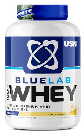 USN Blue Lab Whey - Boisson Protéinée en Poudre, Protéines de Lactosérum & BCAA, Prise de Masse & Récupération, Shaker Post-Entraînement, Saveur Vanille, 2 kg, NBLW13