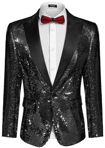 COOFANDY Herren Glänzende Pailletten Jackett Blazer mit einem Knopf Smoking für Party, Hochzeit, Bankett, Prom groß Pechschwarz