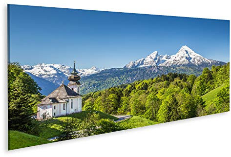 Bild Bilder auf Leinwand Schöne Berglandschaft in den bayerischen Alpen mit Wallfahrtskirche Maria Gern und Watzmann-Massiv im Hintergrund Nationalpark Berchtesgadener Land Bayern Deutschlan