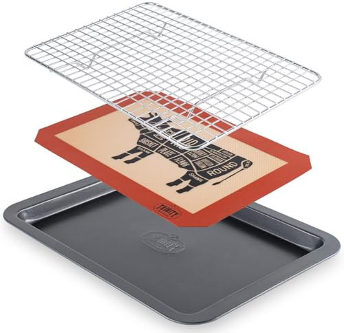 Trinity Provisions Meat Resting Pan - With Wire Rack and Silicone Baking Mat - Dishwasher and Oven Safe Stainless Steel, for Cooking and Cooling Steak, BBQ, Bacon, & More