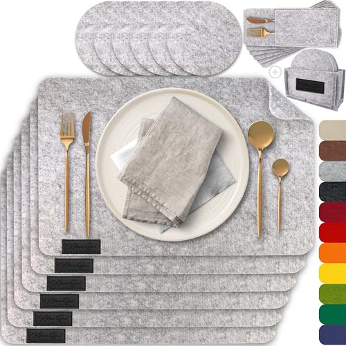 MAHEWA® 6er Set Premium Tischset Platzset aus Filz rutschfest Ab-waschbar und Waschmaschinenfest Eckige Platzdeckchen (Hellgrau, 6er Set mit Zubehör)