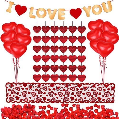 Jangostor Valentinstag Dekorationen Kit 1000 Stück rote Rosenblätter 10 Stück Herz Luftballons 6 Stück Herz Girlande Ich Liebe Dich fühlte Girlande Banner Tischläufer für Valentinstag Dekor
