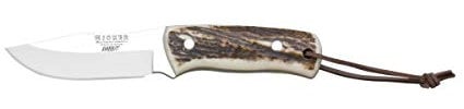 Joker Bushcraft Messer Rabbit CC76, mit Hirschhorngriff und 8,5 cm Edelstahlklinge, gezahnter Rücken, Angelgerät, Jagd, Camping und Wandern.