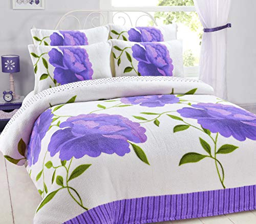 Artistic Fashionista* Luxury NEW Soft Warm & Cosy Teddy Bear Fleece ROSALEEN FLORAL Duvet Quilt Cover Pillowcases Bedding Set (Lilac White, Double)