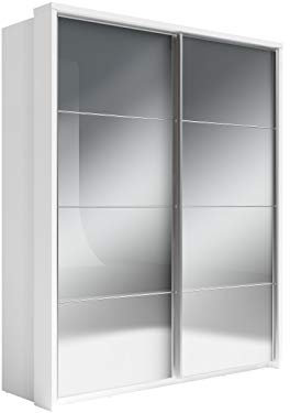 Furniture24 Schwebetürenschrank Kleiderschrank AR-17 ARTI Schiebetürenschrank, Garderobenschrank mit Spiegel, 6 Einlegeboden, 3 Kleiderstangen (Weiß Matt)
