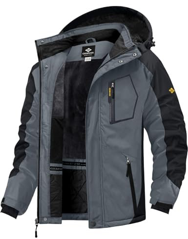 GEMYSE Herren wasserdichte Skijacke Winddichte Fleece Outdoor-Winterjacke mit Kapuze (Schwarzgrau,XL)