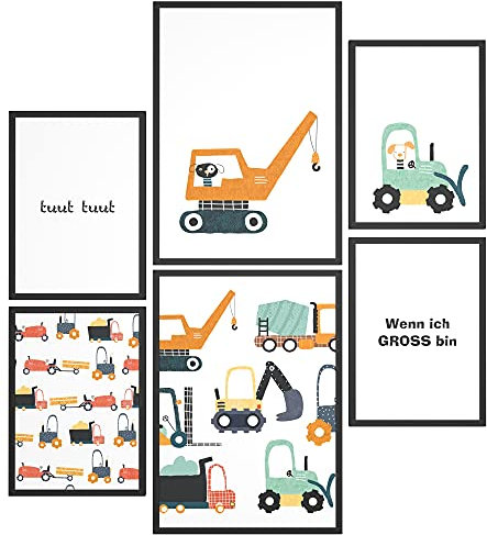 Papierschmiede® Bilder Kinderzimmer Kids Mood Poster Set Baumeister, Kinderzimmer Bilder Babyzimmer Deko, 2x DIN A3 und 4x DIN A4, Bagger Laster Trecker - Kinderposter ohne Rahmen