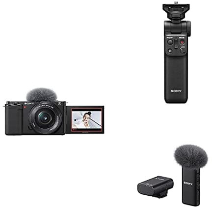 Sony Alpha ZV-E10 | APS-C spiegellose Vlog-Kamera (schwenkbarer Bildschirm für Vlogging, 4K-Video, Echtzeit-Augen-Autofokus) Schwarz + SEL1650 Objektiv + Handgriff & Mikrofon