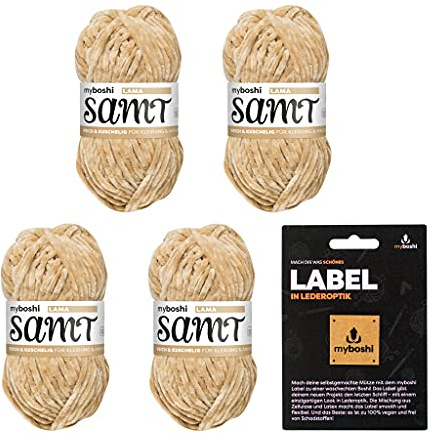 myboshi Samt-Wolle, inkl. original myboshi Label in Lederoptik, weiches Chenille-Garn, Ll. 100m/50g, für Amigurumi und Kissen, 100% flauschige Polyester Braun (Lama), 4 Knäuel