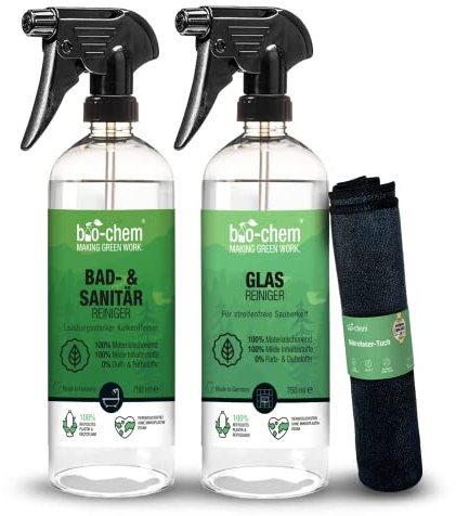 Bio-Chem - Basic Set di 3 prodotti per la cura del bagno - Detergente per superfici del bagno - Prodotto per superfici in vetro - Panno in microfibra incluido