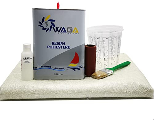 Kit Completo Vetrokit Riparazione Resina Vetroresina Poliestere 5KG + Fibra di Vetro 6,25MQ e Accessori - Riparazioni Nautiche, Carrozzeria Auto, Moto, Camper - Waga Paint Tecniques