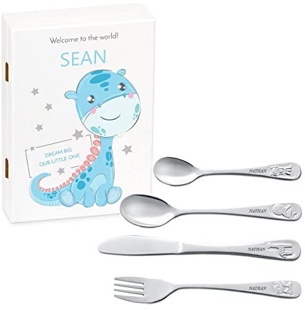 MAVERTON Kids Silverware in a Wooden Box – Personalised Animals Cutlery Set – Stainless Steel Engraved Utensil Set – for Boys - Dinosaur