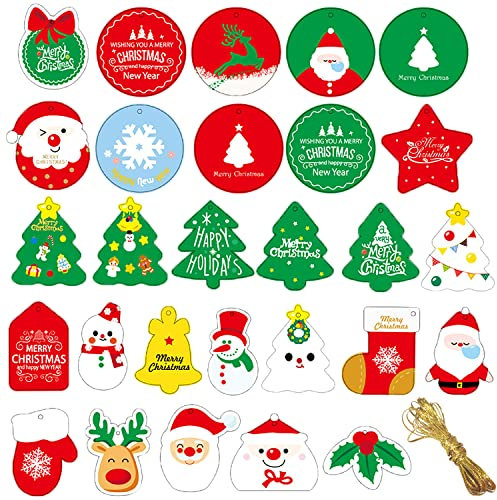 GKONGU Geschenkanhänger Weihnachten Etiketten 28 Stück,Etiketten Papier Geschenke Karte zum Beschriften,Hängeetiketten mit Goldschnur für Weihnachtsgeschenkverpackungen oder Weihnachtsbaum Dekoration