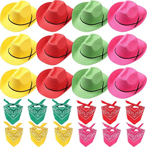 SATINIOR 12 Set Straw Cowboy Caps and Bandanas Cowboy Party cap Costume Head Bandana Bulk Western Accessories(Bright Colors, Classic Style)