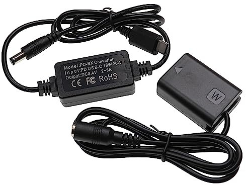 vhbw USB Netzteil kompatibel mit Sony ZV-E10 Kamera, Digitalkamera, DSLR - Netzkabel + DC Kuppler (Ersatz für Sony NP-FW50), 2m