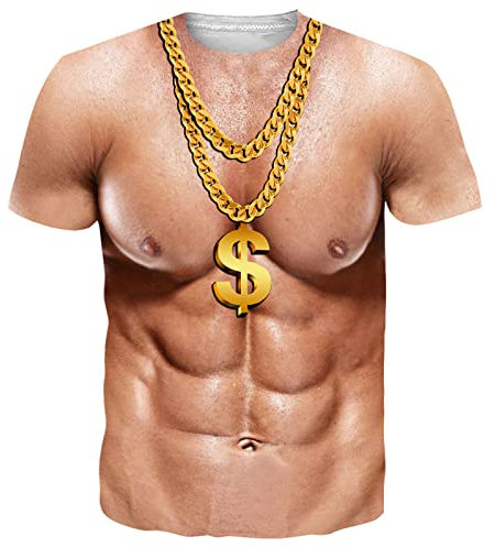 RAISEVERN 3D T-Shirt Herren Muskeln Lustig Coole Halskette Druck Tshirt Jugendliche Junge Männer Party Geschenk Bekleidung, XL