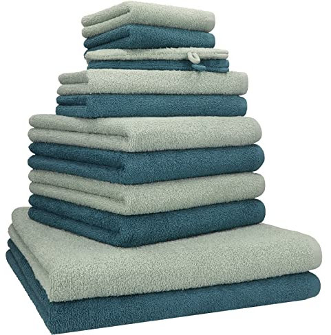 Betz 12 TLG. Handtuch Set Berlin 100% Baumwolle 2 Liegetücher 4 Handtücher 2 Gästetücher 2 Seiflappen 2 Waschhandschuhe Farbe Jade - taubenblau