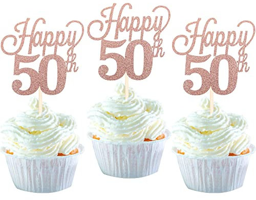 Pack of 24 50 Cupcake Toppers Glitter Happy 50th Birthday Cake Toppers Number 50 Eightteen Sweet 50 Birthday Wedding Anniversary Party Cake Decorations Accessories Rose Gold