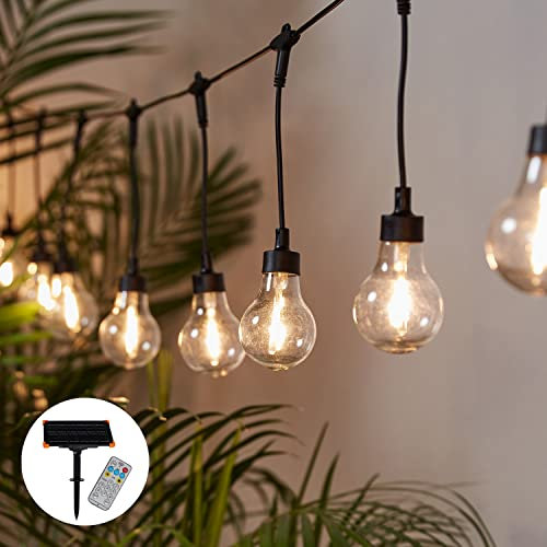 Lights4fun 20er LED Party Solar Lichterkette Außen mit Fernbedienung Dimmbar mit Timer Gartendeko Beleuchtung Balkon Deko Lichterkette Kugeln Lichterkette Glühbirnen
