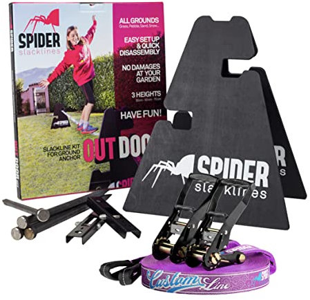 SPIDER SLACKLINE - Outdoor-Kit Custom Slackline für Anfänger - für den Einsatz im Freien ohne Bäume - Enthält: 1 individuelle Slackline, 2 Stative, 2 Platten, 4 Nägel und eine Anleitung - Kit 35m