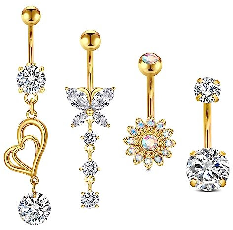Rajnard Bauchnabelpiercing 14G Baumelnd Bauchnabel Banane Barbell 10mm Chirurgenstahl baumelnden Bauchnabel Ringe Silber Gold Blume Schmetterling Herz Nabel Piercing Schmuck für Frauen