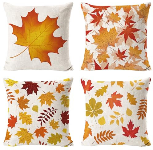 4 Stück Kissenbezug, Herbst Kissenbezüge 45x45 cm, Dekorative Kissenbezug Erntedankfest, Kissenbezug Herbst Dekorative Kissenbezug, Ahornblatt Kissenbezug aus Leinen für Sofa Bett Home Decor (B)