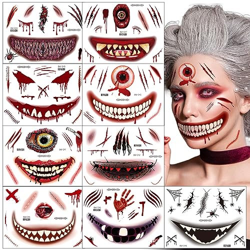BETESSIN 9 Blatt Halloween Tattoo Gesicht Aufkleber - Totenkopf, Skull, Mund Wunde, Gruselig Temporär - Realistische Narbe für Karneval Cosplay Makeup Requisiten