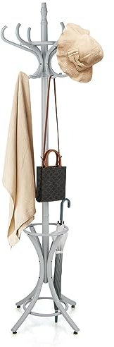 GOPLUS Porte-Manteau sur Pied au Style Industriel, 12 Crochets en Bois Massif, Support Manteau/Parapluie/Chapeau, 51 x 51 x 184CM (Gris)