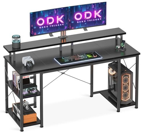 ODK Computer Desk With Monitor Stand, 120 x 50 cm Office Desk With Storage Shelves for Home Office, Study Table for Small Space, Black