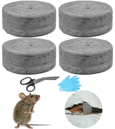 DASIAUTOEM 4 Stück Stahlwolle Gegen Mäuse 20m mit Arbeitshandschuhen Schere Fein Gegen Nagetiere Steel Wool Stahlwolle für Löcher und Wand Risse von Haus,Garten und für Reinigen und Polieren