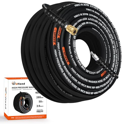 Flexible 3/8 Pressure Washer Hose with Rubber Sheath, 50 Feet, Swivel Quick Connector, Kink Resistant, 4000 PSI, Industrial Grade, Steel Reinforced, No Marks