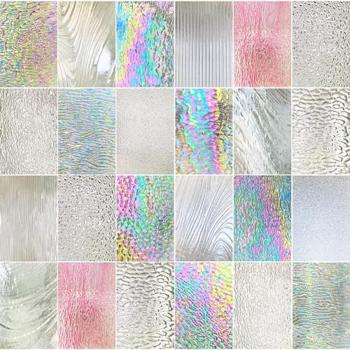 ILLUCKAI Buntglas-Blätter, transparent, strukturiert, 15,2 cm, schillerndes Kathedralenkunstglas zum Basteln, Buntglaszubehör für Buntglas- und Mosaikprojekte, 24 Bögen