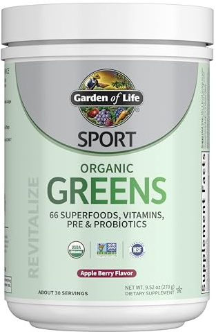Garden of Life Sport Nutrition Greens and Superfoods Powder for Women and Men - Apple Berry, Organic Blend - Spirulina, Fruit, Vitamins, Pre & Probiotics, Mushrooms, Athletic Supplements, 30 Servings