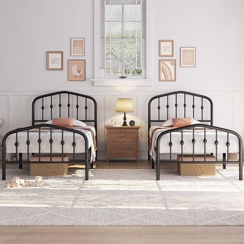 Yaheetech 2er Set 90 x 200 cm, Vintage Metallbett mit kronenförmigem Kopfteil, Stabiles Bettgestell Einzelbett aus Metall, Robust & Leichte Montage Gästebett Jugendbett Tagesbett, Schwarz