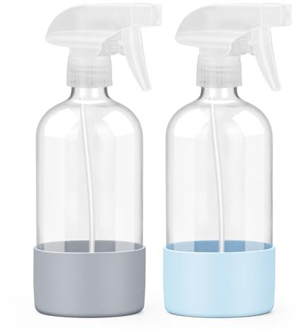 Worldgsb 2 Pack Glass Spray Bottles with Silicone Sleeve, 16 oz Empty Refillable Containers with Adjustable Spray Nozzles, Spray Bottles for Hair, Cleaning Solutions and Plants Blue&Grey