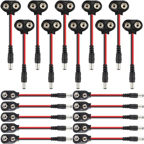 Xiatiaosann 9v Battery Connector to DC Plug Cable, I-Type & T-Type 9 Volt Battery Clip with 5.5 x 2.1mm DC Male Plug Power Cord for Arduino, LED Strip (20 Pack)