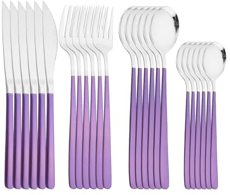 GeRnie Juego de vajilla de oro negro de 24 Uds., cubiertos de acero inoxidable, juego de cubiertos occidentales, tenedor, cuchillo, cuchara, vajilla, juego de platería (Color : Purple silver)