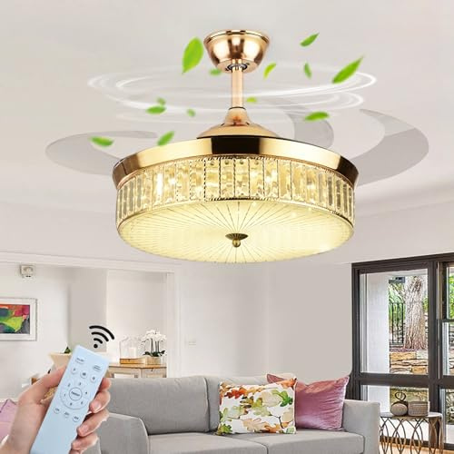 Cristal Lámpara con Ventilador de Techo de Aspas Retráctiles - Silencioso con Luz y Mando a Distancia CC Reversible 6 Velocidades 3 Colores Moderno-Golden||107CM