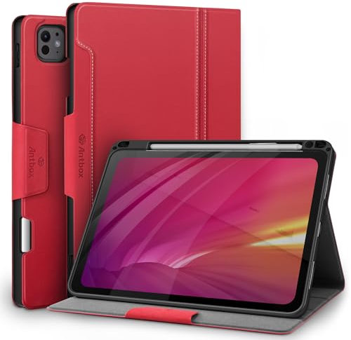 Antbox Case for iPad Pro 11 inch Case (M4) 2024 with Built-in Pencil Holder Supports Pencil Pro and Pencil (USB-C) Auto Sleep/Wake Function PU Leather Cover for iPad Pro 11'' (Red)
