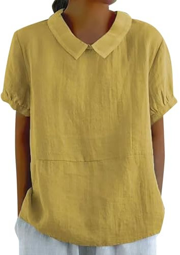 leinenhemd Damen Sommer musselin Bluse Tunika große größen Einfarbig Baumwoll Leinen Revers Kurzarm Shirt Wandershirt(Gelb, L)