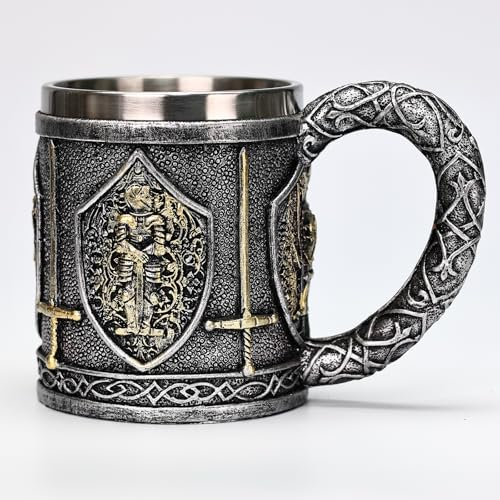 JIUMOZHI Mittelalterliche Tasse mit Kreuzschwertern und Rittern, Edelstahlfutter, Tempelbier, Kaffeetasse, Fassungsvermögen 440 ml, Schwarz