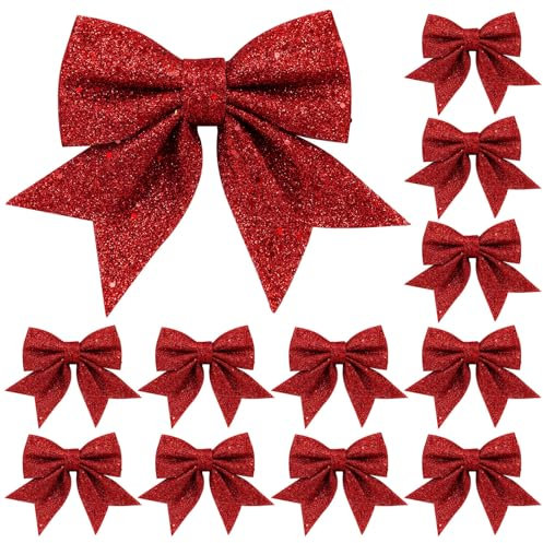 YSUVIN Schleifen Weihnachten, 12 Stück Weihnachtsbaum Schleifen Glitzer Christbaumschmuck Geeignet für Weihnachten Hochzeitsfeier Neuja, Rot