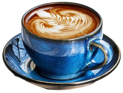 300ml/10oz Ceramic Kiln Transformed Latte Latte Latte Coffee Cup And Plate Set, Japanese Retro High-End Mark Cup Set-Deep Sea Blue