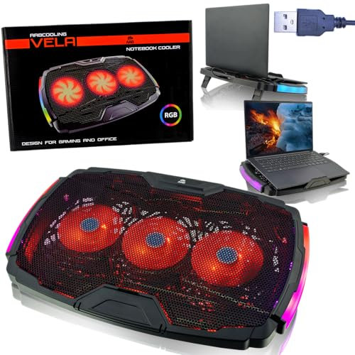 AABCOOLING Vela - Refroidisseur Ordinateur Portable 10-17 - 3 LED Ventilateurs Silencieux, Efficaces - Côté éclairé RVB - 2 Niveaux D'inclinaison -Refroidissement Ultra Rapide -Léger et Efficace