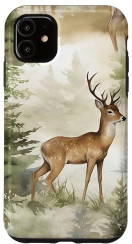 Coque pour iPhone 11 Forêt verte avec cerfs dans le paysage