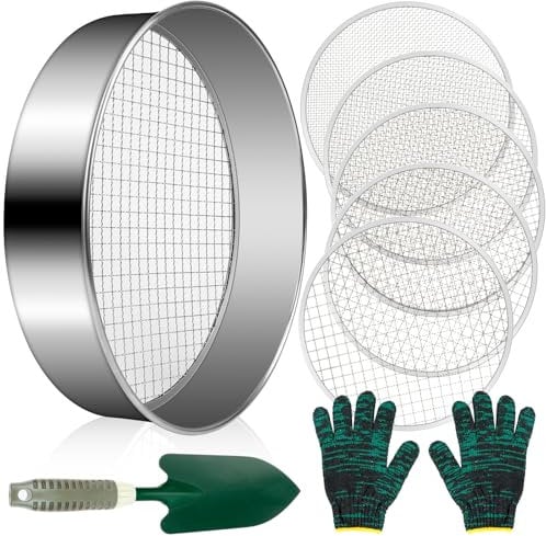 TOTSUN 8 Garden Sieve Weather-Resistant Sieve Compost Sieve Stainless Steel Round 30 cm with 5 Interchangeable Sieve Inserts Stainless Steel Sieve (3-6-9-10.8-12 mm) with Spade and Gloves