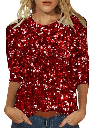 Sparkly Tops for Women UK Sparkly Sequin Long Sleeve Fashion Off Shoulder Party Blouse 3/4 Sleeve Evening Tops Jumpers Party for Women UK Red