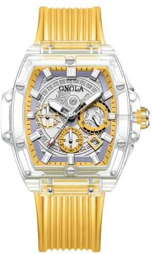 rorios Herren Durchsichtig Tonneau Armbanduhren Silikon Analog Quarz Uhren für Männer Multifunktional Mode Uhr wasserdichte Chronograph Herrenuhr Gelb