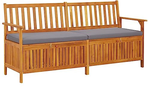 Myheimly Truhenbank mit Kissen Holzbank Sitzbank Holztruhe Bank Aufbewahrung Sitztruhe Massivholzbank Stauraum Gartenbank Massivholz Akazie Braun und Grau,170 x 63 x 84 cm